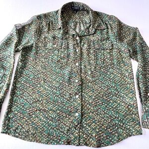 Willi Smith Green Brown Abstract Print Long Sleeve Button-Up Shirt Large
